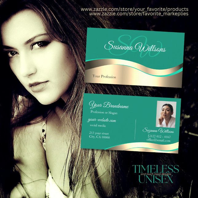 Decent Dark Teal Wavy Gold Decor Initials Photo Business Card (Creator Uploaded)