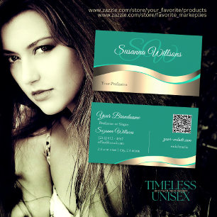 Decent Dark Teal Wavy Gold Decor Initials QR Code Business Card