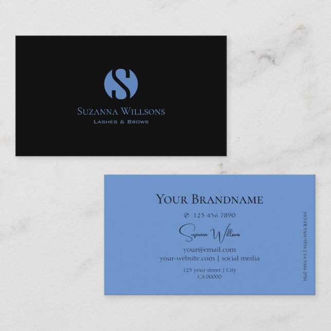 Decent Plain Black and Blue with Monogram Stylish Business Card (Front/Back)