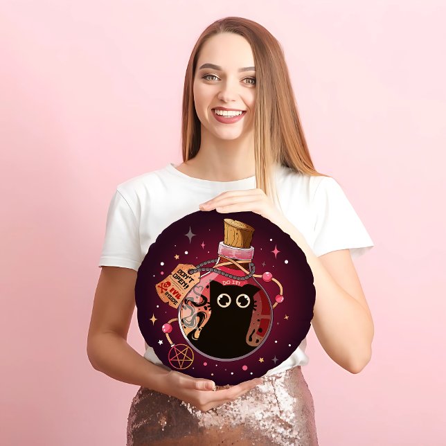 Deceptive Pink Bottle Evil Cat Spirit Halloween Round Cushion (Creator Uploaded)