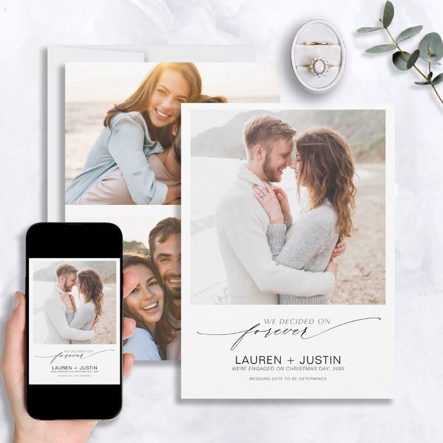 Decided on Forever Black White 3 Photo Engagement Invitation (Creator Uploaded)