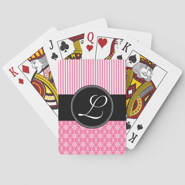 Deck of Cards, Custom Monogram Black Pink Pattern Playing Cards (Back)
