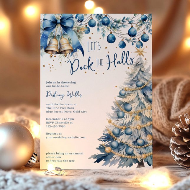 Deck the Halls Blue Christmas Bridal Shower Invitation (Deck the Halls Blue Christmas Bridal Shower Invitation by Darling & May)