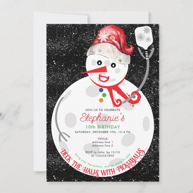 Deck the Halls Christmas Pickleball Birthday Party Invitation (Front)