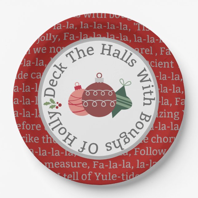Deck The Halls Christmas Song Red Paper Plate (Front)