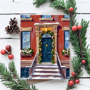 Deck the Halls City Christmas Brownstone Holiday Card