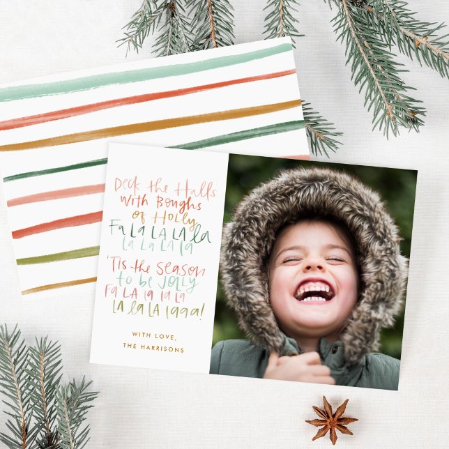 Deck the Halls Colourful Photo Holiday Card (Deck the Halls or their mailboxes with this festive Christmas carol holiday photo card.)