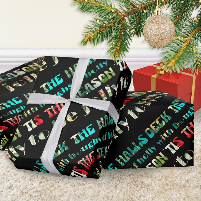 Deck The Halls Festive Colourful Groovy Modern Wrapping Paper (Christmas gift wrapping paper with groovy multicolor words, from 'Deck the Halls' festive song)