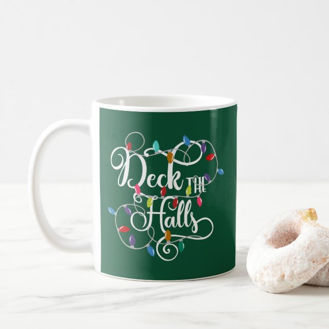 deck the halls holiday lights Christmas Coffee Mug (With Donut)