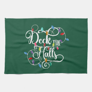 deck the halls holiday lights Christmas Tea Towel