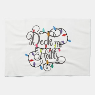 deck the halls holiday lights Christmas Tea Towel