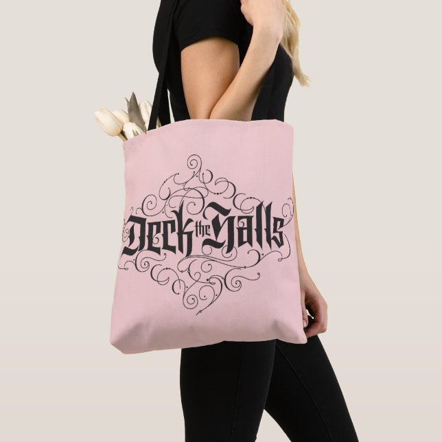 Deck the Halls Luxury Lettering Blush Pink Black Tote Bag (Close Up)