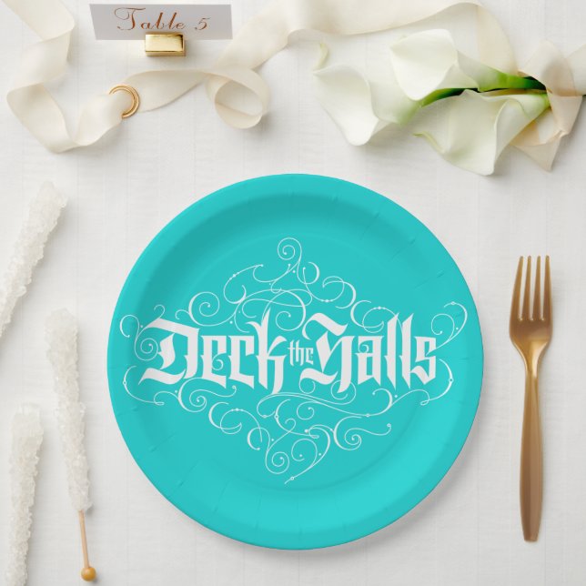 Deck the Halls Modern Christmas Aqua Blue Teal Paper Plate (Wedding)