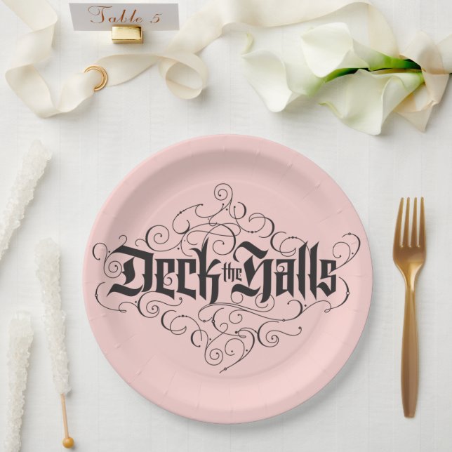 Deck the Halls Modern Christmas Blush Pink Black Paper Plate (Wedding)