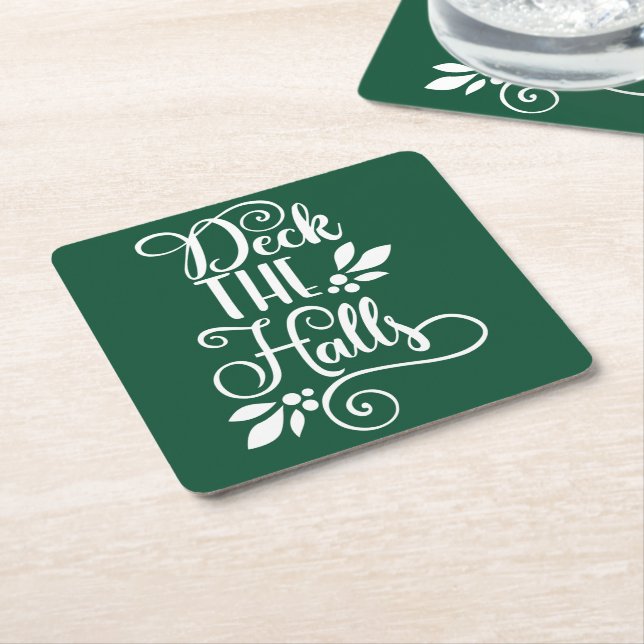 deck the halls Typography Holidays Square Paper Coaster (Angled)