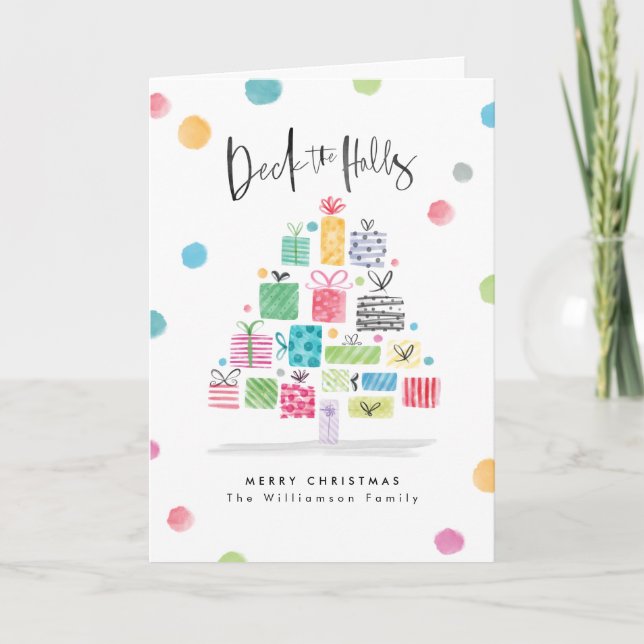 Deck The Halls | Watercolor Gift Christmas Tree Holiday Card (Front)