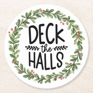 Deck the Halls Watercolor Wreath Round Paper Coaster