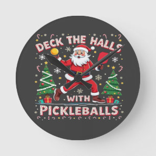 Deck The Halls With Pickleballs Round Clock