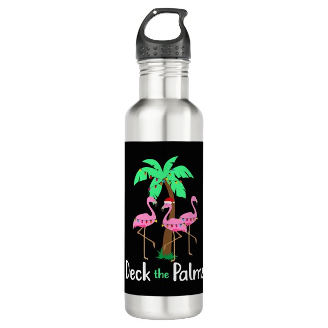 Deck The Palm Trees Flamingo Christmas Holiday Fun 710 Ml Water Bottle (Front)