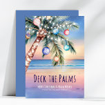 Deck the Palms Beach Christmas Holiday Card<br><div class="desc">Celebrate the holidays with coastal charm! 🌴✨ This watercolor Christmas card features a twilight beach scene with a festive palm tree decorated like a Christmas tree in ornaments and string lights. The sky sparkles with early evening stars above a glowing ocean sunset 🌅. The cheerful caption reads "Deck the Palms,...</div>