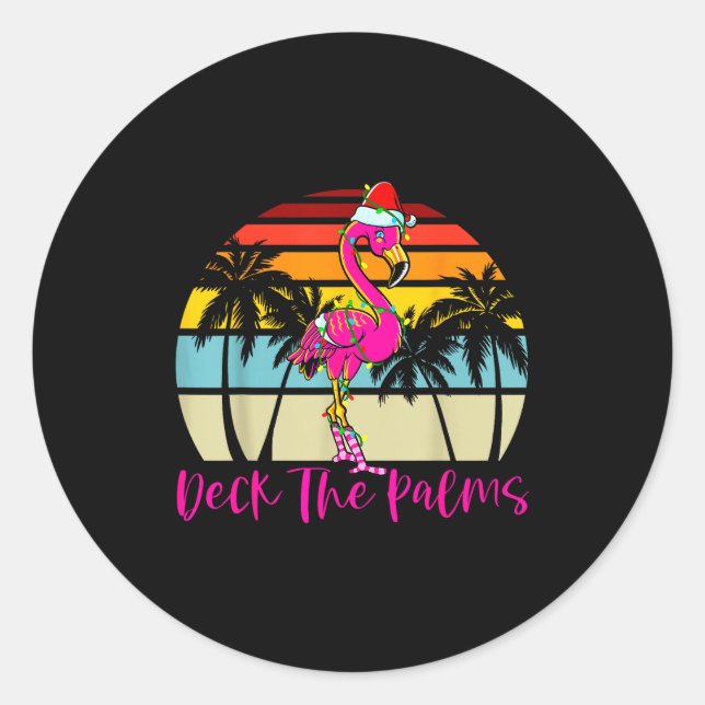 Deck The Palms Christmas Flamingo Palm Tree Trocal Classic Round Sticker (Front)