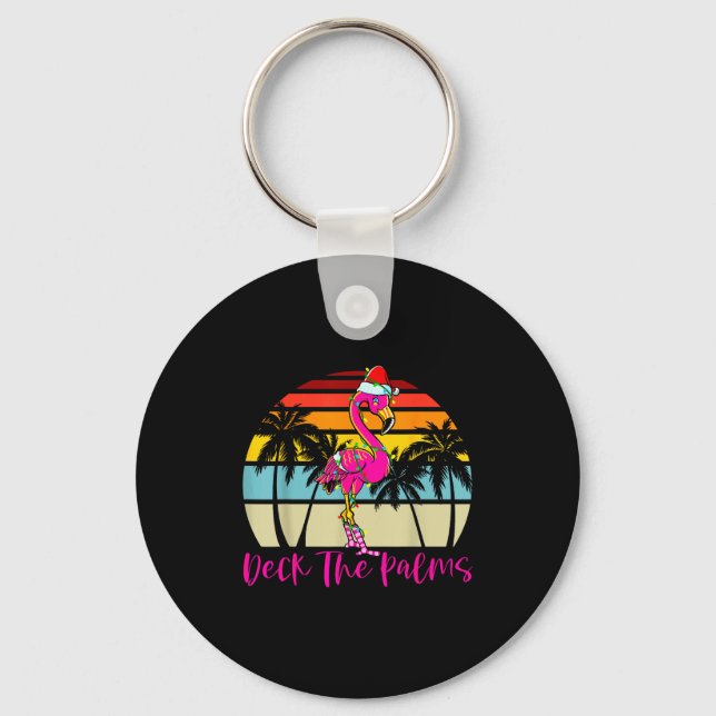 Deck The Palms Christmas Flamingo Palm Tree Trocal Key Ring (Front)
