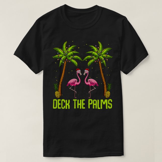 Deck The Palms Flamingo Christmas Tree Animal Bird T-Shirt (Design Front)