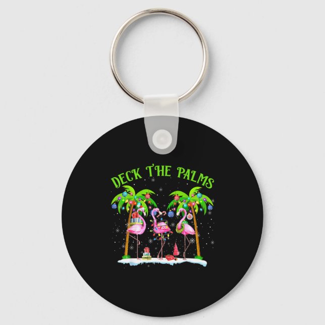 Deck The Palms Flamingo Trocal Christmas Lights  Key Ring (Front)