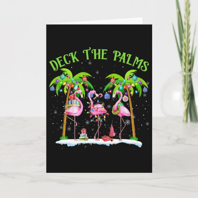 Deck The Palms Flamingo Tropical Christmas Lights  Card (Front)