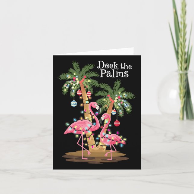 Deck The Palms Flamingo Tropical Christmas Lights  Card (Front)