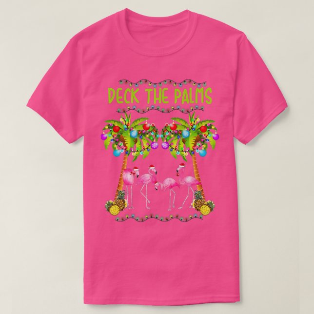 Deck the Palms Merry Flamingo Christmas tee  funny (Design Front)