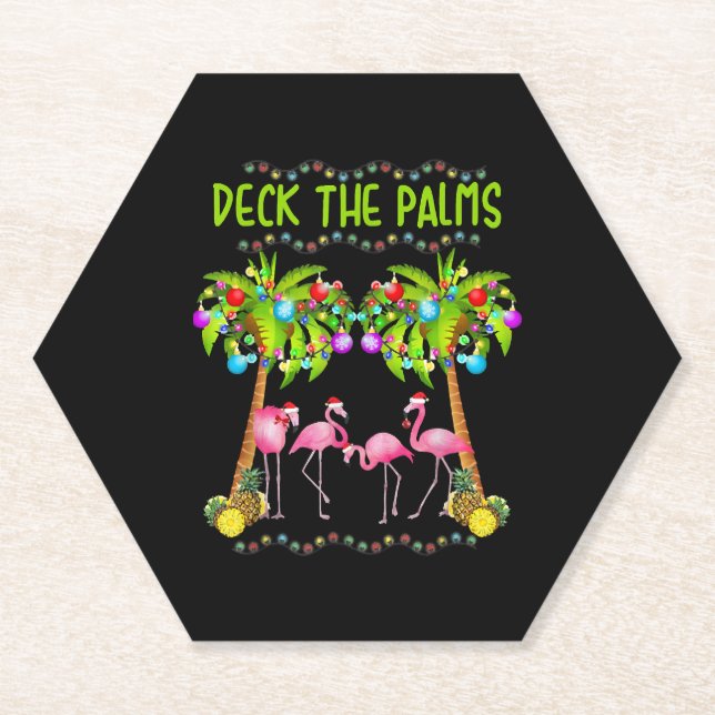 Deck the Palms Merry Flamingo Christmas tee funny Paper Coaster (Front)