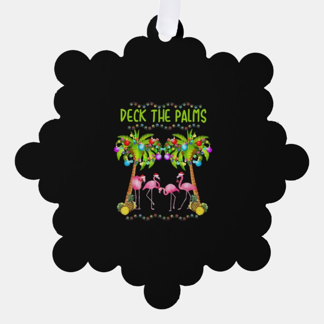 Deck the Palms Merry Flamingo Christmas tee funny Tree Decoration Card (Front)