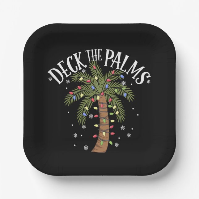 Deck The Palms Tropical Hawaii Christmas Palm Tree Paper Plate (Front)