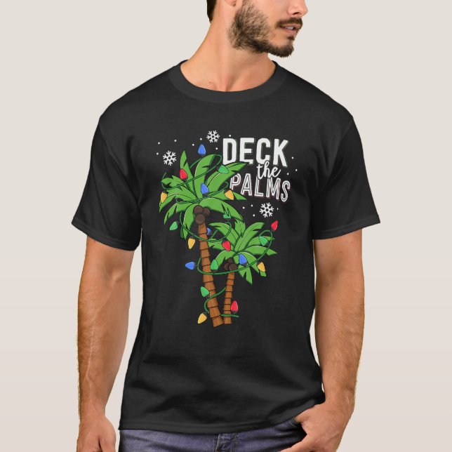 Deck The Palms Tropical Hawaii Christmas Palm Tree T-Shirt (Front)