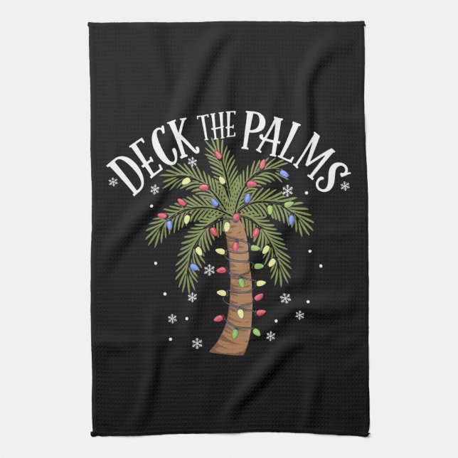 Deck The Palms Tropical Hawaii Christmas Palm Tree Tea Towel (Vertical)