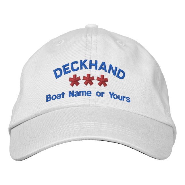 DECKHAND Personalised Name Custom WHITE RED BLUE Embroidered Hat (Front)