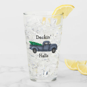 Deckin Halls Blue Christmas Truck Drinking Glass