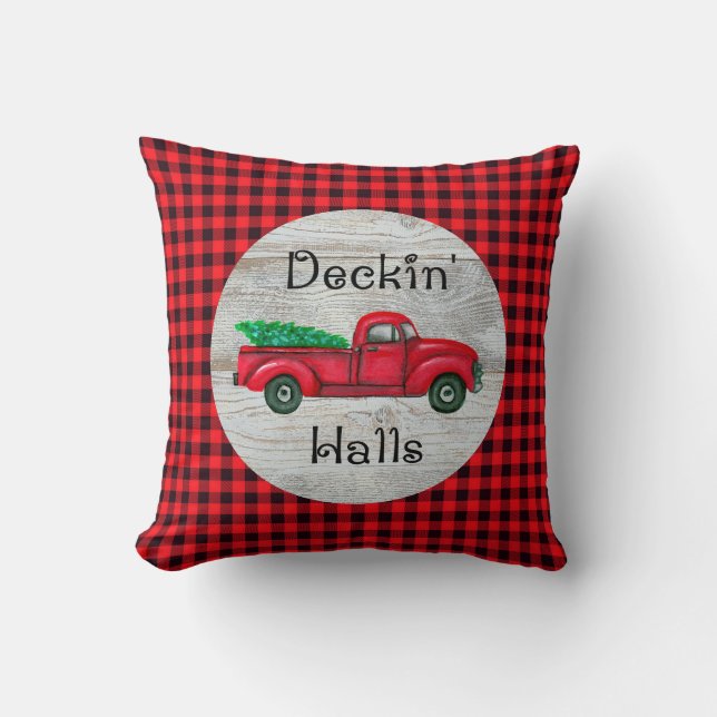 Deckin Halls Red Christmas Tree Truck Pillow (Front)