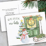 Decking New Halls Christmas Door Holiday Moving<br><div class="desc">We're Decking New Halls 2 in 1 Christmas postcard and moving announcement. Festive christmas front door, decorated with holly wreath and garland. The scene is set with cosy home elements including glowing lantern, christmas tree, snowman and sledge. It is lettered with "We're Decking new halls" and the rest of the...</div>