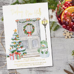 Decking New Halls Door Number Gold Foil Christmas Foil Holiday Card<br><div class="desc">Luxury gold foil, all in one holiday moving announcement and christmas card personalised with your new address and christmas greeting. It is lettered in gold foil with Decking New Halls in casual handwriting. The watercolor design features a festive front door with wreath, your door number, christmas tree, presents, snowman and...</div>