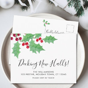 Decking New Halls Festive Holly Moving Announcement Postcard