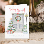 Decking New Halls New Door Number Christmas Moving Announcement<br><div class="desc">All in one holiday moving announcement and christmas card personalised with your new address and christmas greeting. It is lettered with Decking New Halls in casual handwriting. The watercolor design features a festive front door with wreath,  your door number,  christmas tree,  presents,  snowman and lantern.</div>