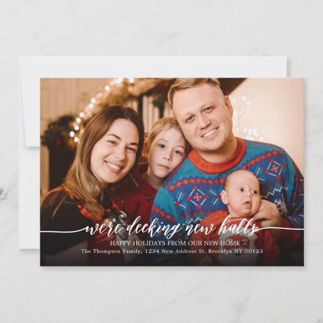 Decking New Halls Script Photo Christmas Moving Announcement (Front)