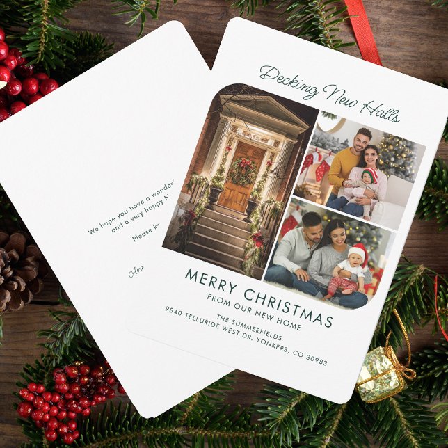 Decking New Halls We've Moved Christmas Moving Holiday Card (Decking New Halls Elegant Christmas Family Photo Collage Moving Announcement)