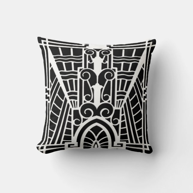 Deco Architectural Pattern, Black and White Cushion (Front)