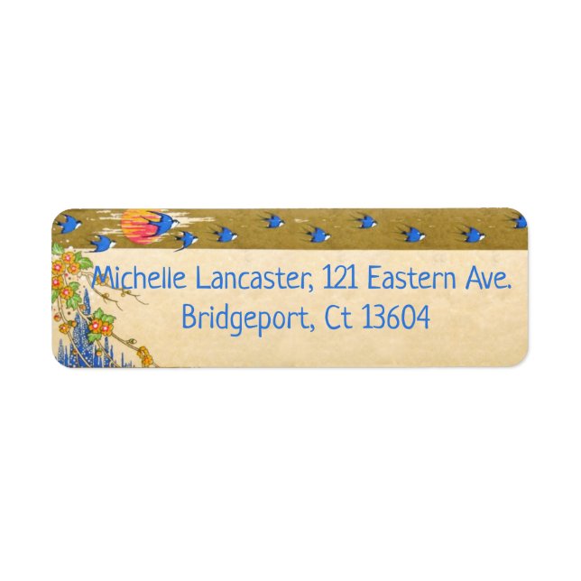 Deco bluebirds flowers return address labels (Front)