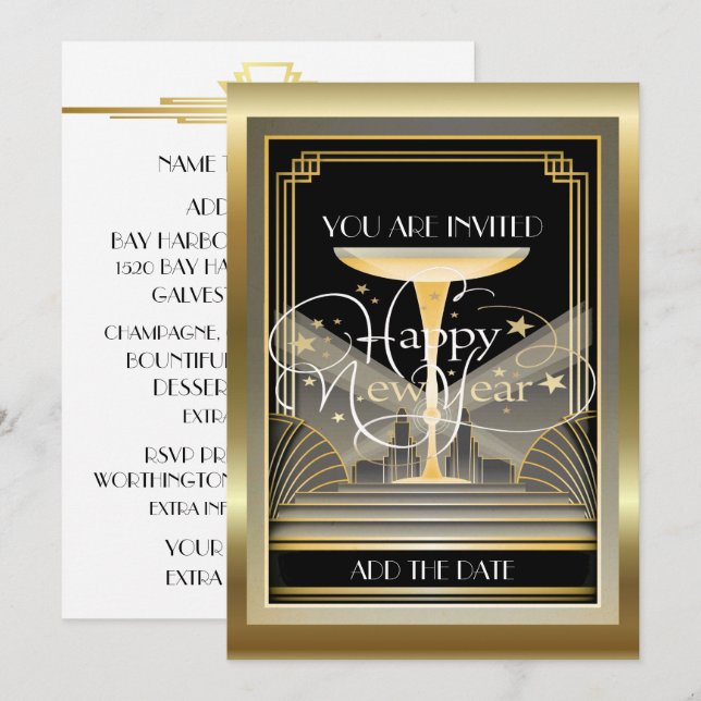 Deco Champagne NEW YEAR Celebration Invitation (Front/Back)