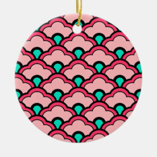 Deco Chinese Scallops, Coral Pink and Turquoise Ceramic Tree Decoration