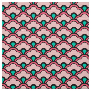 Deco Chinese Scallops, Coral Pink and Turquoise Fabric